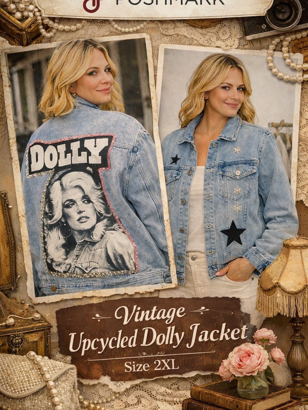 Upcycled Dolly Parton Denim Jacket 2XL Vintage Boho Western #0077